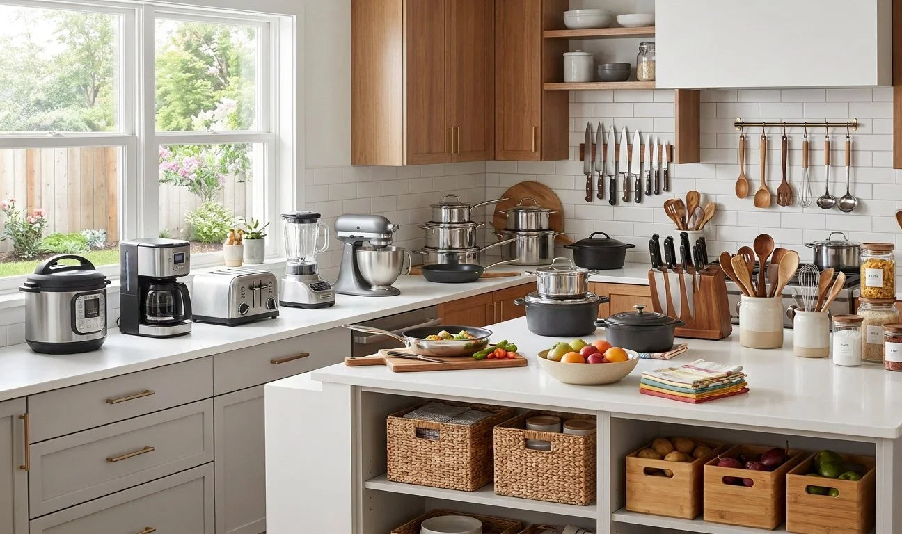Modern kitchen with various appliances and utensils on a white countertop.