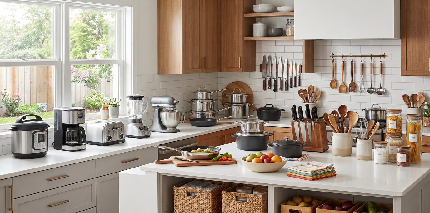 Modern kitchen with various appliances and utensils on a white countertop.