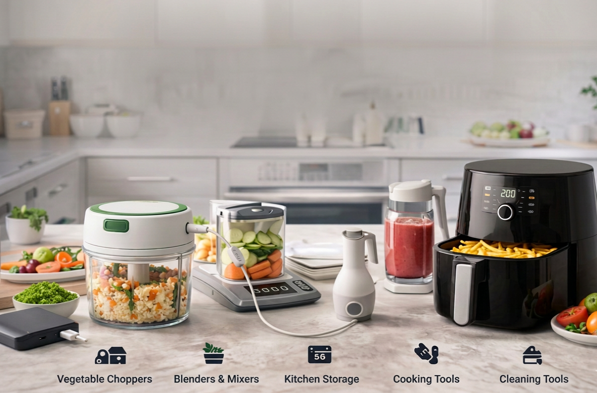 Kitchen appliances including a vegetable chopper, blenders, and an air fryer on a kitchen counter.